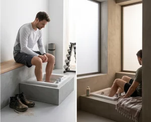Ein Sportler nutzt ein kaltes Fußbad nach dem Sport zur Regeneration seiner Beine in einem modernen Badezimmer.