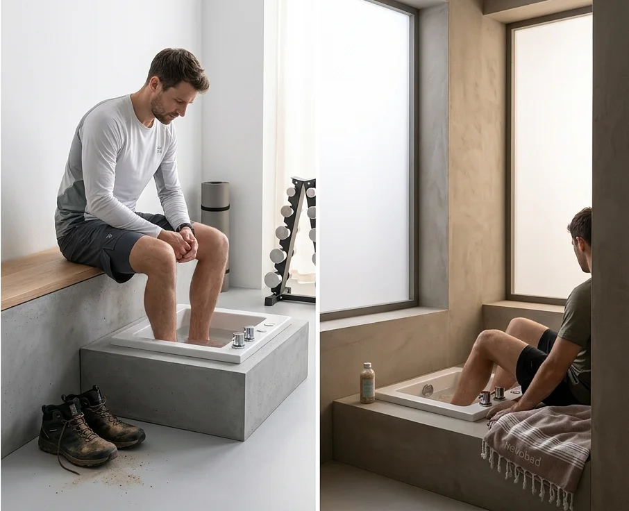 Ein Sportler nutzt ein kaltes Fußbad nach dem Sport zur Regeneration seiner Beine in einem modernen Badezimmer.